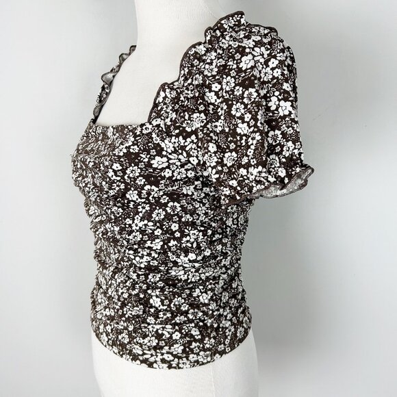 Y2K Moa Moa Floral Ruched Milkmaid Top Puff Sleeve Size Medium Women's - Picture 2 of 4